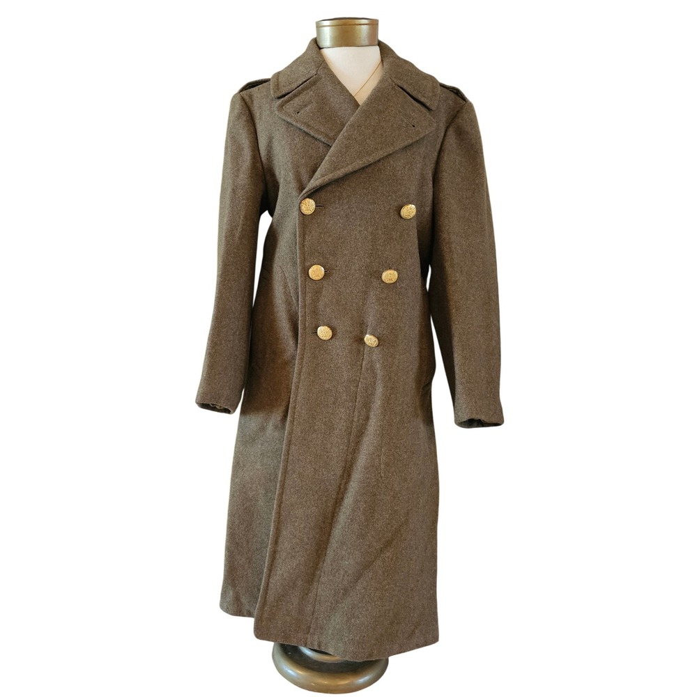 Vintage 1942 WWII US Army Wool Overcoat Hy-Art Coat Makers 36R Olive Drab Brown